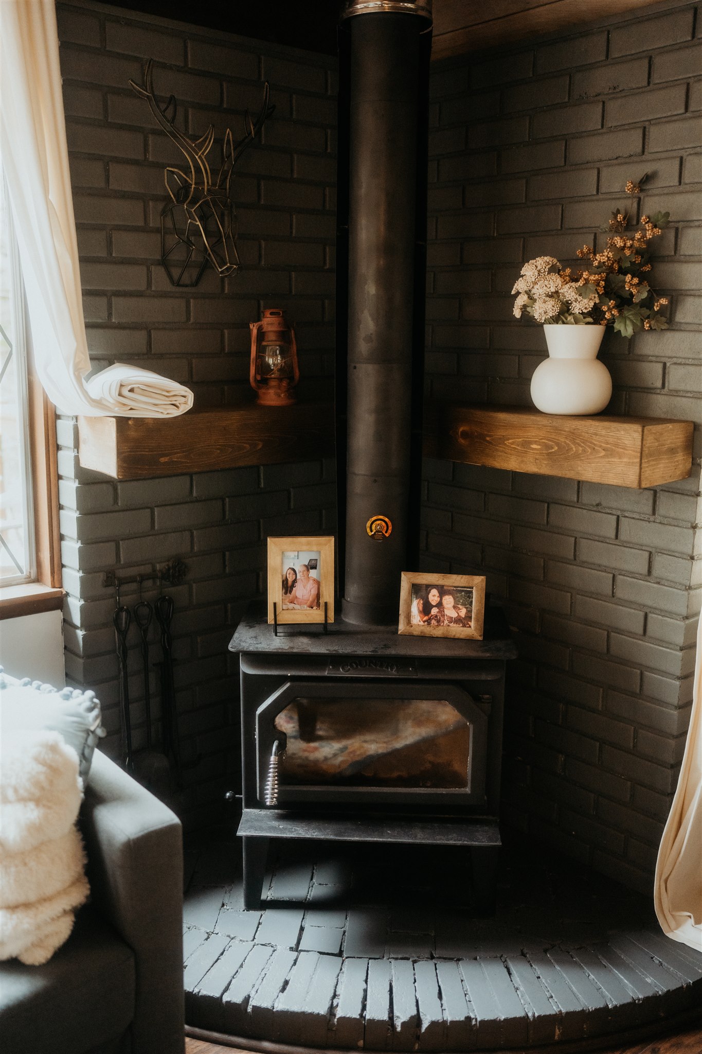 Wood fire stove at snowy mountain cabin in Mt Rainier